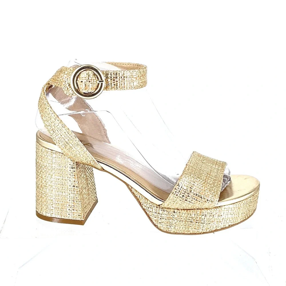MIA Size 6.5 Gold Raffia Platform Block Heel Sandals Metallic NEW Renee $80